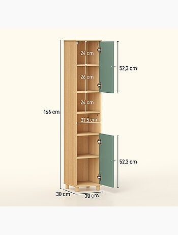 Colonne salle de bain 2 portes 2 étagères 2 niches effet bois vert d'eau