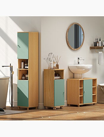 Colonne salle de bain 2 portes 2 étagères 2 niches effet bois vert d'eau