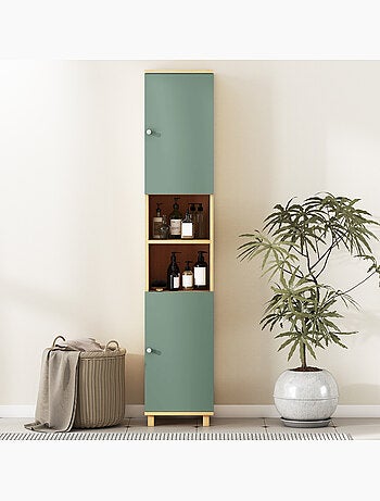 Colonne salle de bain 2 portes 2 étagères 2 niches effet bois vert d'eau