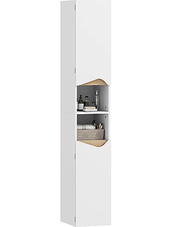 Colonne salle de bain 2 portes étagères niches effet bois clair blanc