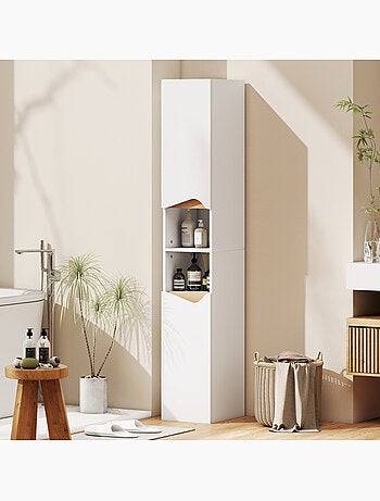 Colonne salle de bain 2 portes étagères niches effet bois clair blanc