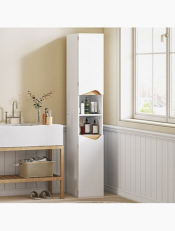 Colonne salle de bain 2 portes étagères niches effet bois clair blanc