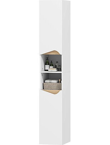 Colonne salle de bain 2 portes étagères niches effet bois clair blanc