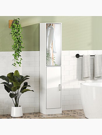Colonne salle de bain 2 portes miroir 5 étagères blanc