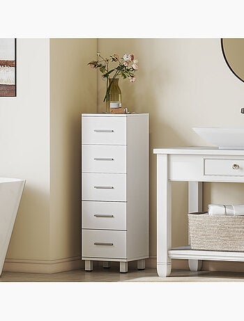 Colonne salle de bain 5 tiroirs poignées alu blanc