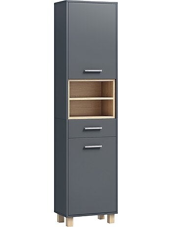 Colonne salle de bain design - 2 portes, 2 niches, tiroir - gris effet bois