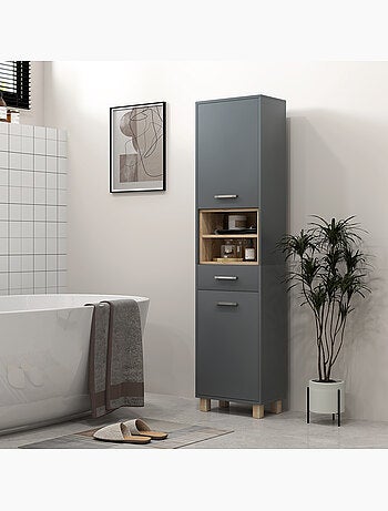 Colonne salle de bain design - 2 portes, 2 niches, tiroir - gris effet bois