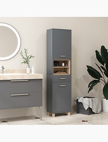 Colonne salle de bain design - 2 portes, 2 niches, tiroir - gris effet bois