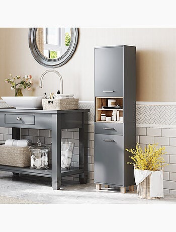Colonne salle de bain design - 2 portes, 2 niches, tiroir - gris effet bois