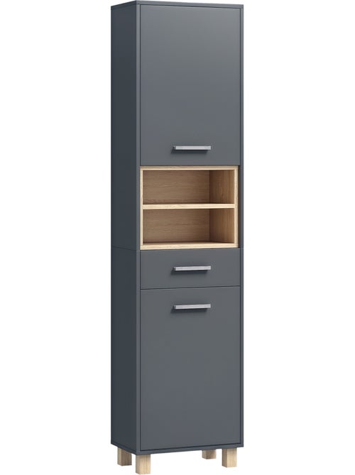 Colonne salle de bain design - 2 portes, 2 niches, tiroir - gris effet bois - Kiabi