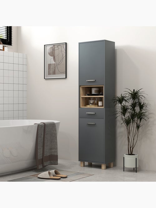 Colonne salle de bain design - 2 portes, 2 niches, tiroir - gris effet bois - Kiabi