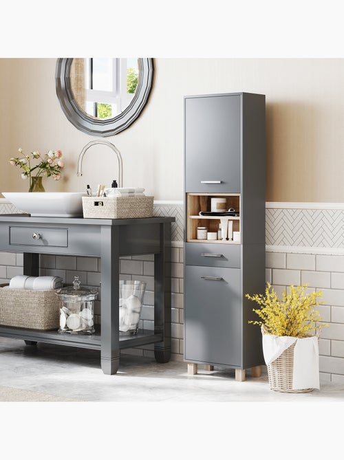 Colonne salle de bain design - 2 portes, 2 niches, tiroir - gris effet bois - Kiabi
