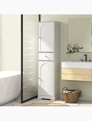 Colonne salle de bain design - 2 portes, 3 étagères, tiroir - blanc doré