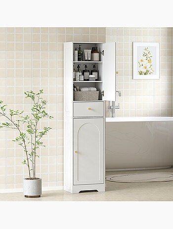 Colonne salle de bain design - 2 portes, 3 étagères, tiroir - blanc doré