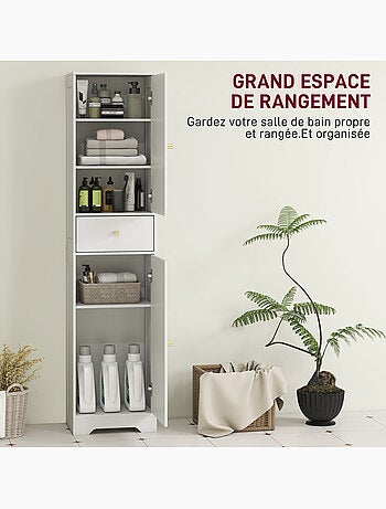 Colonne salle de bain design - 2 portes, 3 étagères, tiroir - blanc doré