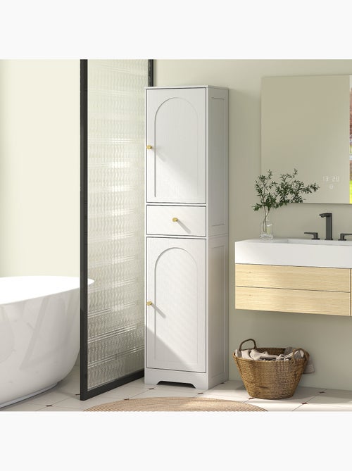 Colonne salle de bain design - 2 portes, 3 étagères, tiroir - blanc doré - Kiabi