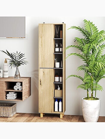 Colonne salle de bain design - 2 portes, 4 étagères, 6 niches - gris effet bois