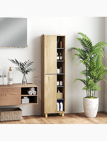 Colonne salle de bain design - 2 portes, 4 étagères, 6 niches - gris effet bois