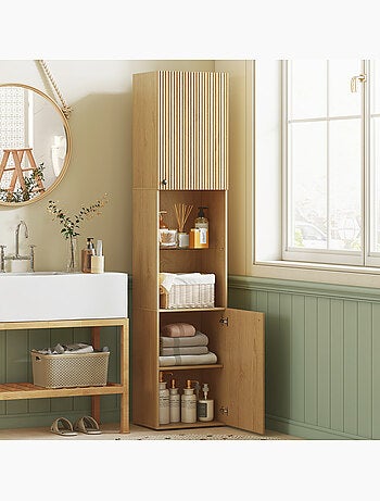Colonne salle de bain design naturel 2 portes étagère verre