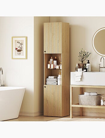 Colonne salle de bain design naturel 2 portes étagère verre