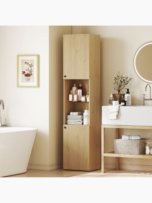 Colonne salle de bain design naturel 2 portes étagère verre - Kiabi