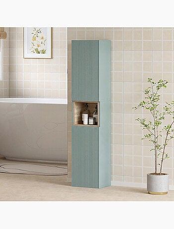 Colonne salle de bain design niche 2 portes effet cannelé bois