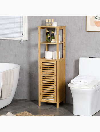 Colonne salle de bain en bambou h.120 cm porte à lattes 3 étagères