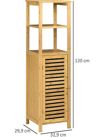Colonne salle de bain en bambou h.120 cm porte à lattes 3 étagères