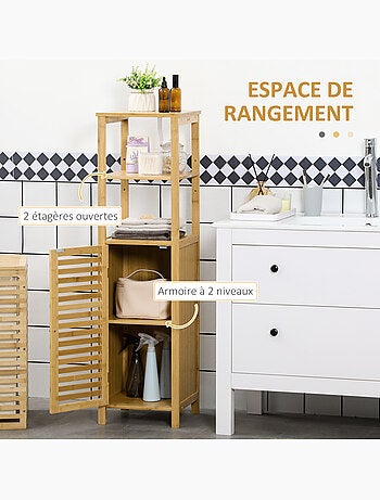 Colonne salle de bain en bambou h.120 cm porte à lattes 3 étagères