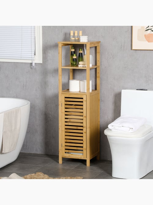 Colonne salle de bain en bambou h.120 cm porte à lattes 3 étagères - Kiabi