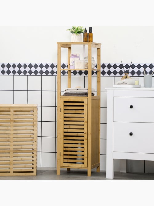 Colonne salle de bain en bambou h.120 cm porte à lattes 3 étagères - Kiabi