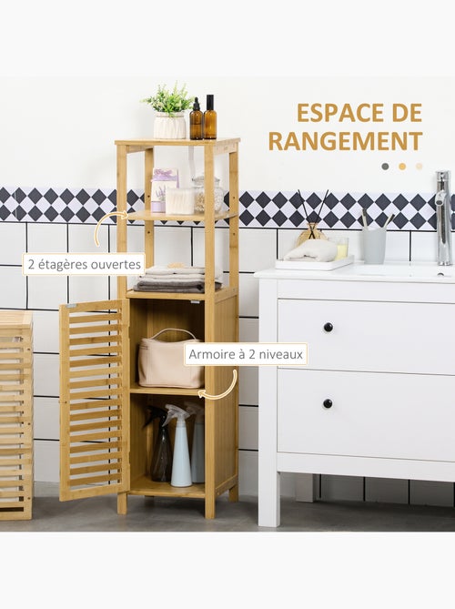 Colonne salle de bain en bambou h.120 cm porte à lattes 3 étagères - Kiabi