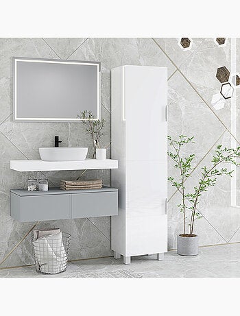 Colonne salle de bain façade blanc laqué - 2 portes, 4 étagères - blanc