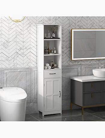 Colonne salle de bain h.164 cm - porte, étagère, tiroir, 3 niches - blanc