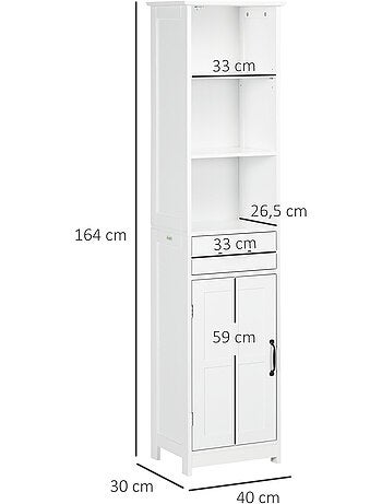 Colonne salle de bain h.164 cm - porte, étagère, tiroir, 3 niches - blanc