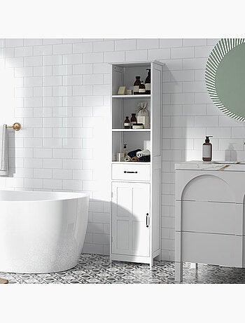 Colonne salle de bain h.164 cm - porte, étagère, tiroir, 3 niches - blanc