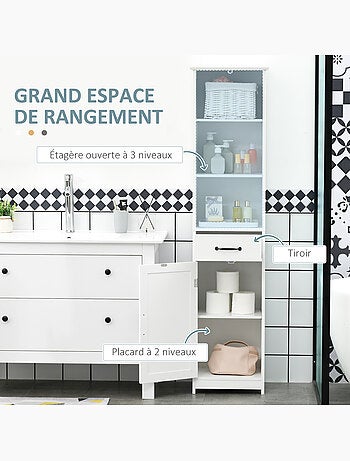 Colonne salle de bain h.164 cm - porte, étagère, tiroir, 3 niches - blanc