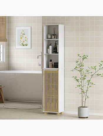 Colonne salle de bain h.173 cm porte étagère 3 niches bambou blanc