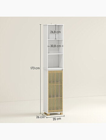 Colonne salle de bain h.173 cm porte étagère 3 niches bambou blanc