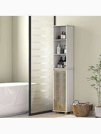 Colonne salle de bain h.173 cm porte étagère 3 niches bambou blanc
