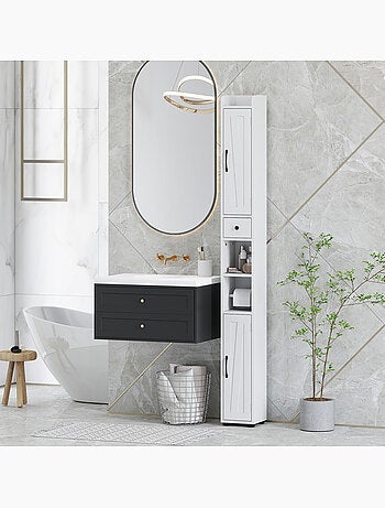 Colonne salle de bain meuble wc 2 portes 2 étagères tiroir niche porte-papier blanc