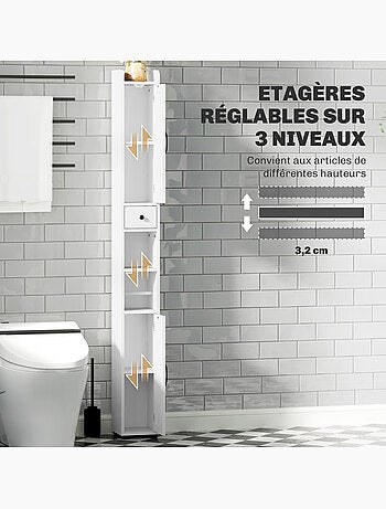 Colonne salle de bain meuble wc 2 portes 2 étagères tiroir niche porte-papier blanc