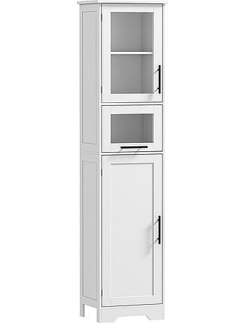 Colonne salle de bain porte vitrée tiroir 2 placards blanc