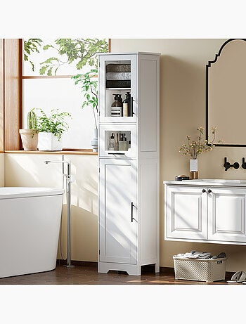 Colonne salle de bain porte vitrée tiroir 2 placards blanc