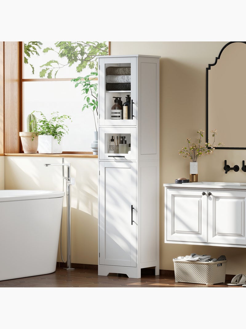 Colonne salle de bain porte vitrée tiroir 2 placards blanc Blanc Blanc - Kiabi