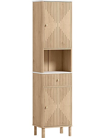 Colonne salle de bain style bois naturel effet marbre blanc multi-rangement