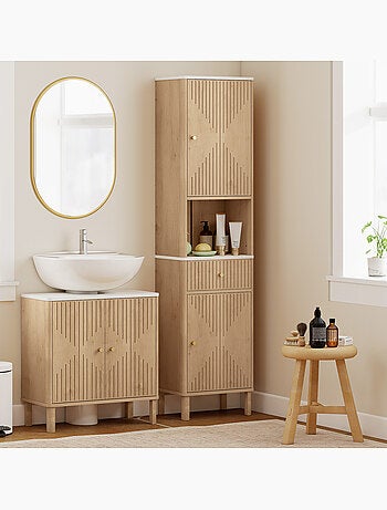 Colonne salle de bain style bois naturel effet marbre blanc multi-rangement