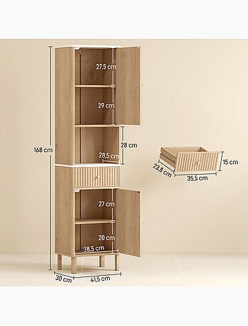 Colonne salle de bain style bois naturel effet marbre blanc multi-rangement