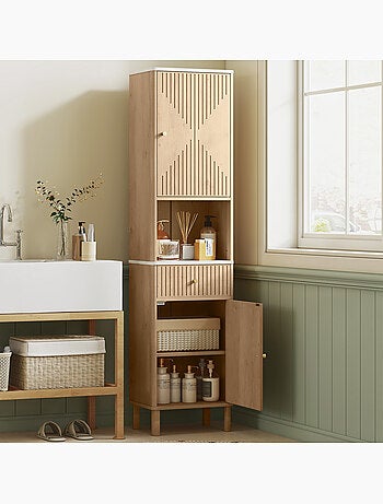 Colonne salle de bain style bois naturel effet marbre blanc multi-rangement