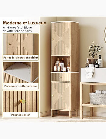 Colonne salle de bain style bois naturel effet marbre blanc multi-rangement